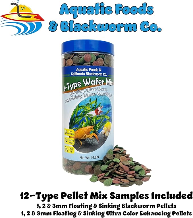 Aquatic Foods Inc. 4-Type 12mm - 1/2" Sinking Wafer Mix of Spirulina-Algae, Ultra-Worm, Shrimp, Color Enhancing for Shrimp, Snails, Crayfish, Bottom Fish, 12-Type Pellets Included...1-lb 6oz Canister
