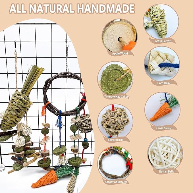 Rabbit Chew Toy, 2Pcs Bunny Cage Hanging Chew Toy & Treats,Natural Material Handwoven Chinchilla Rattan Ring Treats Toys for Guinea Pigs Hamsters Rats and Other Small Pets Teeth Grinding