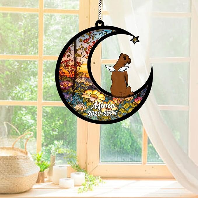 Personalized Boxer (Brown) Sun Catcher, Dog Memorial Gifts, Custom Boxer (Brown) with Wings Ornament Christmas Tree, Loss of Dog Sympathy Gift Memorial Suncatchers