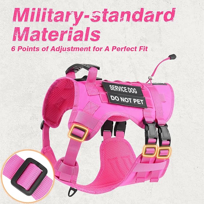 No Pull Tactical Dog Harness for Large Dogs, Escape Proof Molle Dog Vest Harness and Leash Set, Adjustable Military Service Dog Harness with Handle for Medium Large Dogs(Pink, XL)