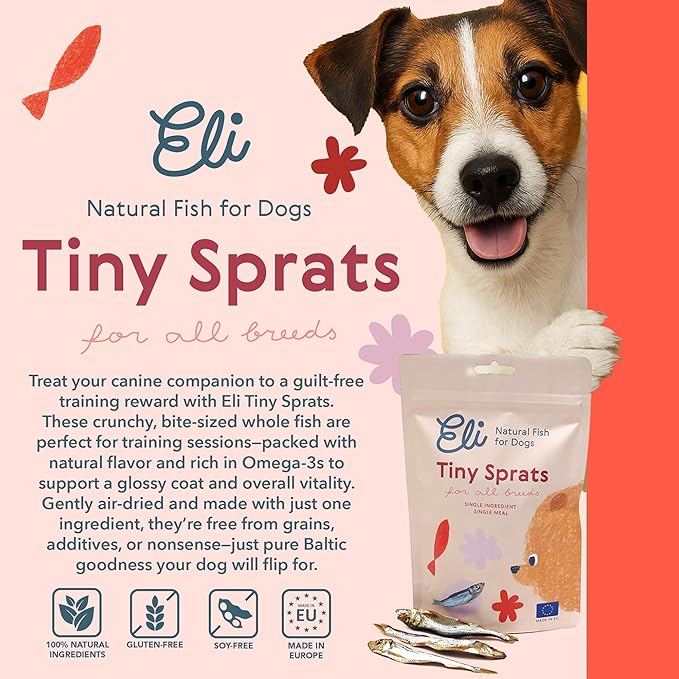 Eli Tiny Sprats – Natural Dog Treats, Whole Small Fish, High in Protein and Omega-3, Grain Free, Single Ingredient, No Additives, Gluten Free, Air Dried, Training Snack or Meal Topper – 3 oz