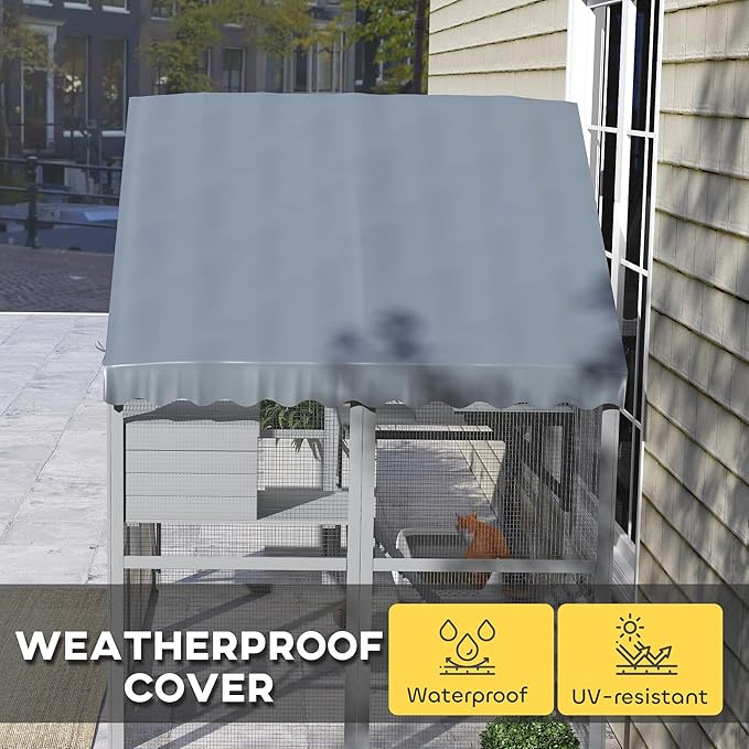 PawHut 73" L Large Catio Outdoor Cat Enclosure for Multiple Kittens, 28 sq.ft Wooden Cat House with Waterproof Cover, Walk in Kitty Cage Kennel with 2 Condos, 4 Platforms, Bridge, Doors, Gray