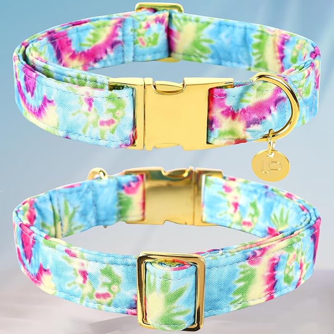 Tie Dye Summer Cotton Dog Collar with Metal Buckle Gift Collar for Small Medium Large Girls or Boys Dogs Cute Durable Comfortable Pet Collars