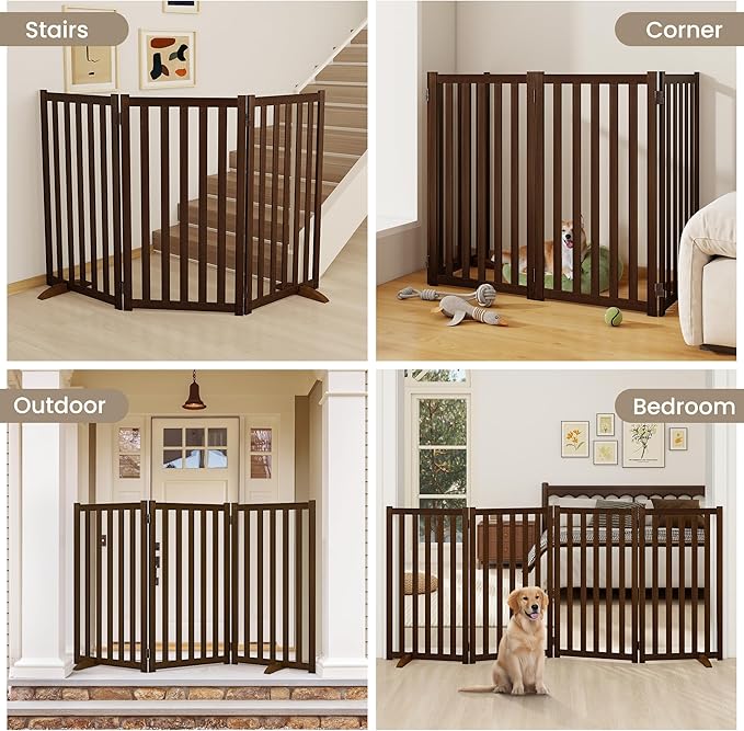 Wire Dog Gate Solid Wood Frame, 36" Height, Anti-Chewing Pet Gate Indoor Freestanding Indoor Foldable Dog Fences for Stairs, House, Doorway Extra Wide, 4-Panel, 60" Wide, Walnut