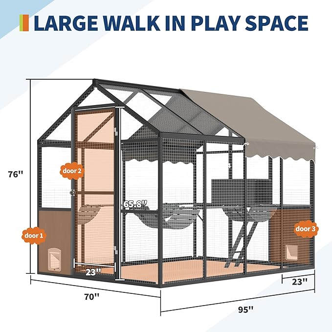 Aluminum Extra Large Outdoor Catio Enclosure for Multiple Cats – Walk-in Cat Run with Channels, Side Door, UV-Proof Cover & Platform