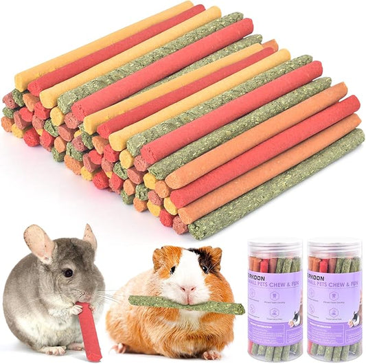 ERKOON 80Pcs Rabbit Timothy Hay Sticks, Five Flavors：PurplePotato/TimothyHay/Pumpkin/Strawberry/Carrot，Suitable Guinea Pig, Hamste, Gerbil, Chinchilla Treats, Chew Toys for Teeth for Bunnies ﻿