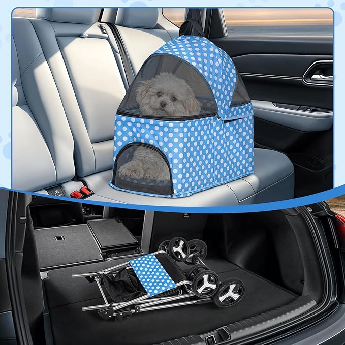 MoNiBloom 3 in 1 Foldable Pet Stroller for Small & Medium Dogs, Detachable Carrier, Car Seat, Push Button Entry, 4-Wheel Jogger for Pets up to 33 lbs, Sky Blue Polka Dots
