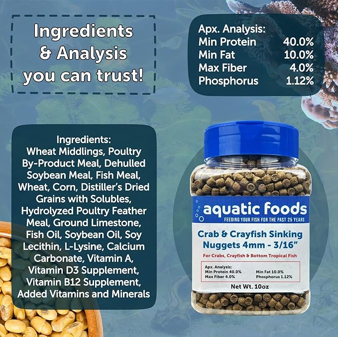 Aquatic Foods Inc. Crab & Crayfish 4mm Sinking 40% Protein Nuggets. Ideal for All Crabs, Crayfish and Bottom Tropical Fish…2-lbs Jar