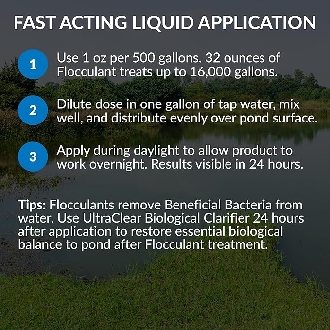 Flocculant 32oz – Fast-Acting Pond Water Chemical Clarifier – Binds Fine Particles, Clears Cloudy Water – Safe for Fish & Plants When Used as Directed