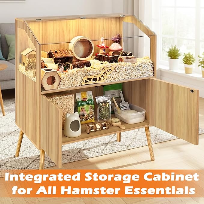 PROLEE Hamster Cage with Storage Cabinet,Large Hamster Encloure Chew Proof Wood,Clear View Hamster Habitat for Guinea Pig, Ferret, Rat, Hedgehog, 40" L x 20" W x 47" H (Oak)