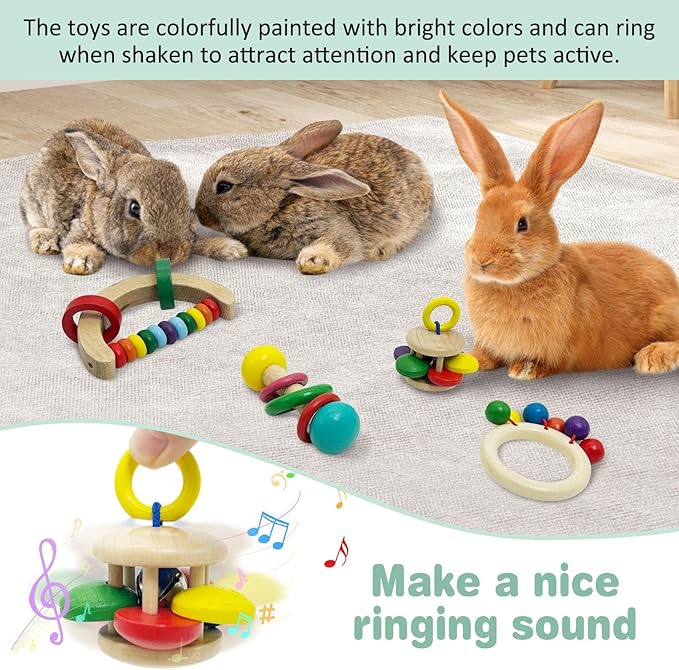 PINVNBY 4 PCS Wooden Bunny Toys Interactive Rabbit Toys Multi-Colored Guinea Pig Teeth Grinding Toy for Chinchillas Hamsters Rats and Small Animals Indoor Outdoor Playing