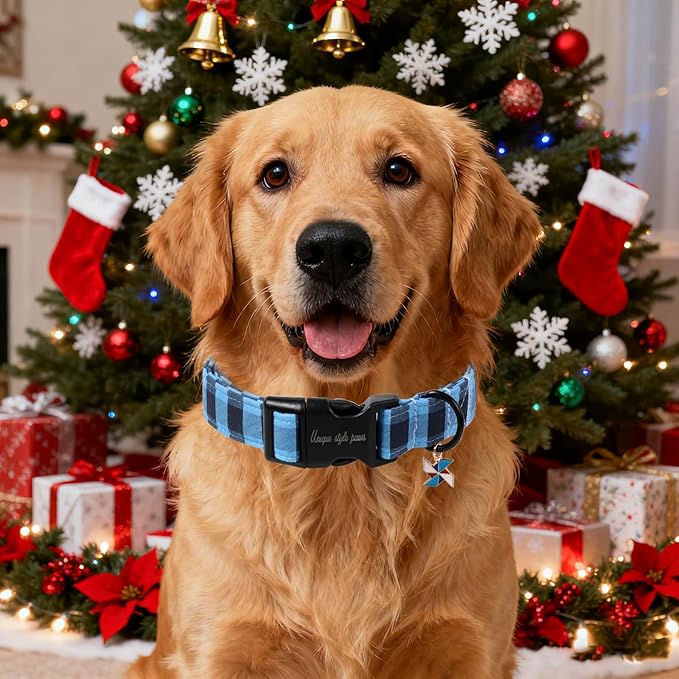 Unique Style Paws Christmas Dog Collar Plastic Buckle with Pendant Black Blue Plaid Cotton Puppy Collars for Small Medium Large Dogs
