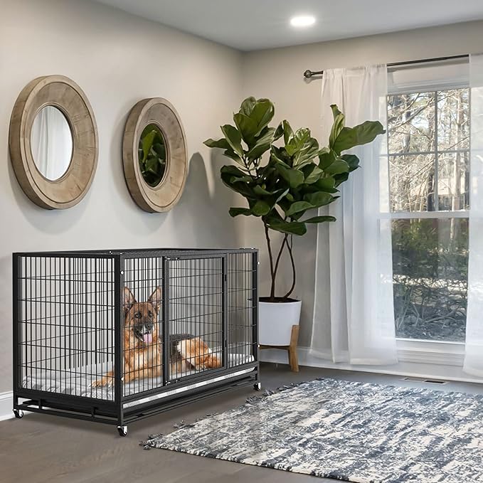 48/37 inch Heavy Duty Wire Dog Crate Cage Kennel for Large Dogs, High Anxiety Dog Crate with Removable Crate Trays, Wheels and Double Door, Extra Large XL XXL