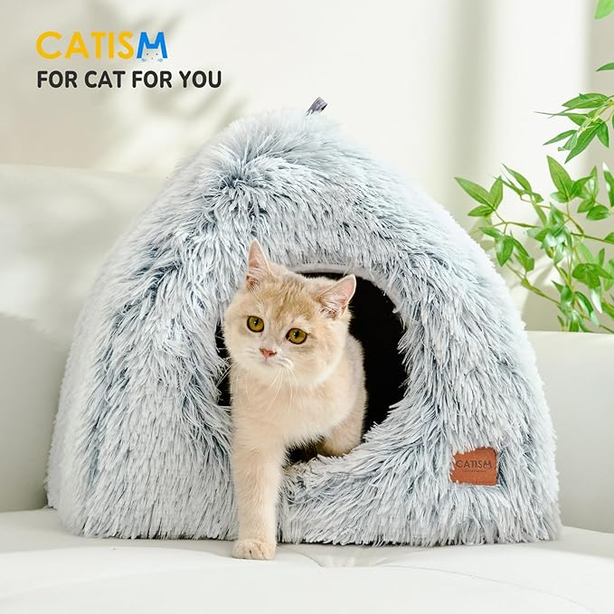 CATISM Cat Beds for Indoor Cats 2 in 1 Cat Bed Cave Machine Washable Fluffy Cat Cave Bed Foldable Non-Slip Washable Cushioned Pillow Soft Plush Premium Cotton Pet Bed for Kittens and Small Dogs Gray L