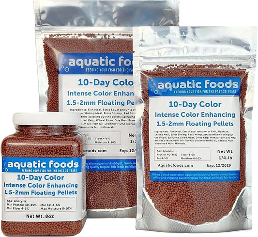 Aquatic Foods Inc. Ultra Intense Color Enhancing with a 10-Day Color Change, 1.5mm - 2mm Floating Pellets for Cichlids, Discus, All Baby and Small Tropical Fish & Pond Fish…8oz Jar