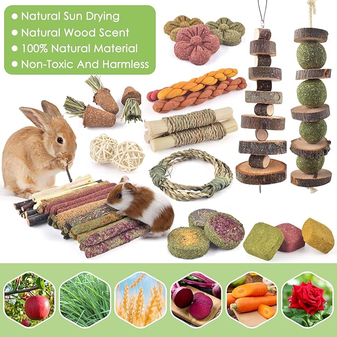 ERKOON Bunny Toys Boredom, 100 PCS Bunnies Timothy Hay Sticks Carrots Rose Grass Cake Dental Care, Molar, Chinchillas Toy Chew Toy, Guinea Pigs, Hamsters, Chinchilla, Rabbit Chew Toys for Teeth