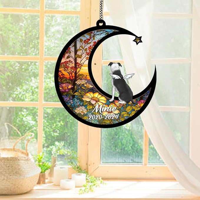 Personalized Staffordshire Bull Terrier (Black White) Sun Catcher, Dog Memorial Gifts, Custom Staffordshire Bull Terrier with Wings Ornament Christmas Tree, Loss of Dog Sympathy Gift Suncatchers