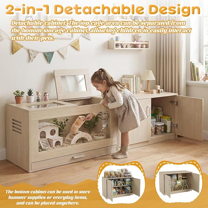 Hamster Cage with Storage Cabinet Detachable, Large Wooden Small Animal Habitat with Easy-Clean Drawer & Acrylic Panels for Guinea Pig, Rabbit, Hedgehog, Gerbil, Chinchilla, Teak