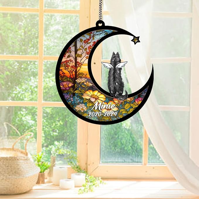 Personalized Belgian Tervuren (Black) Sun Catcher, Dog Memorial Gifts, Custom Belgian Tervuren (Black) with Wings Ornament Christmas Tree, Loss of Dog Sympathy Gift Memorial Suncatchers