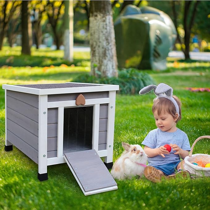 Rockever Outdoor Cat House,Outdoor cat Houses for Feral Cats Weatherproof Rabbit Hutch Small, Wooden Small Pet House and Habitats-Grey
