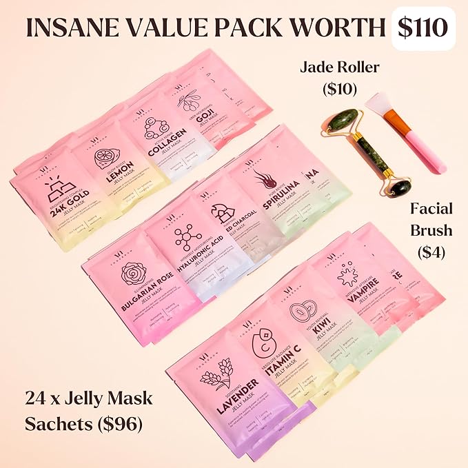 Jelly Mask for Facials - 24 Flavors Hydrating & Brightening Jelly Face Masks | Free Jade Roller & Spatula |Bulgarian Rose, Lavender, Hyaluronic Acid 24K Gold face mask | International Womens Day Gifts