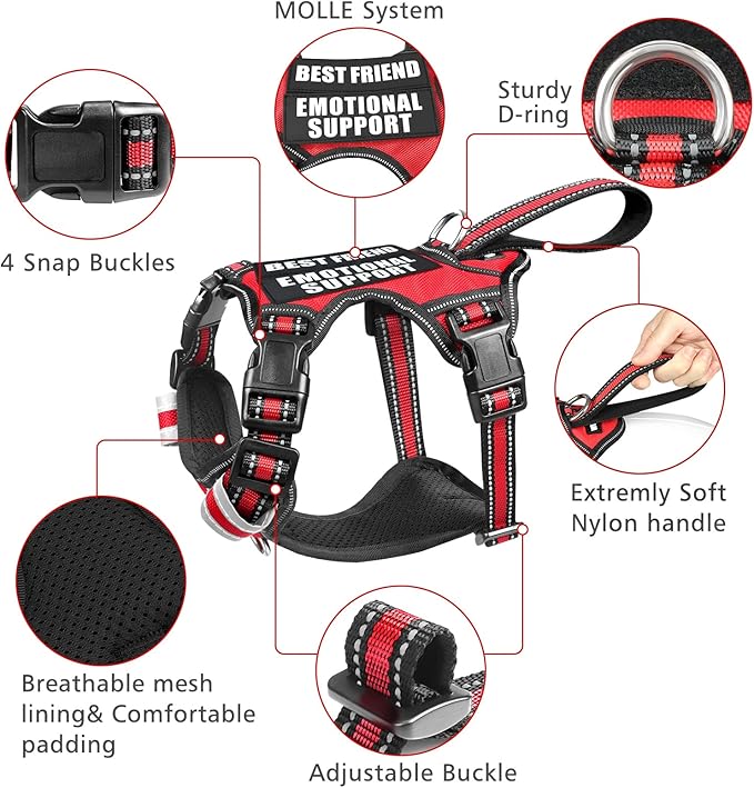 WINSEE Service Dog Vest No Pull Dog Harness with 7 Dog Patches, Reflective Pet Harness with Durable Soft Padded Handle for Training Small, Medium, Large, and Extra-Large Dogs (Small, Red)