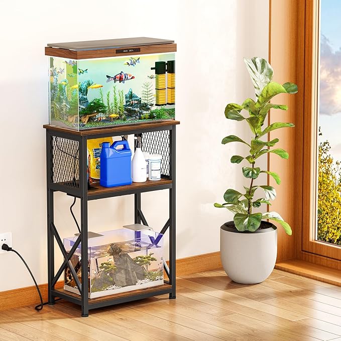 Snughome 10 Gallon Fish Tank Stand with Power Outlets, Aquarium Stand with Storage, 3 Tier Heavy Metal Reptile Tank Stand Fish Tank Shelf 20.47" x 11.42" x 30.91", Rustic Brown
