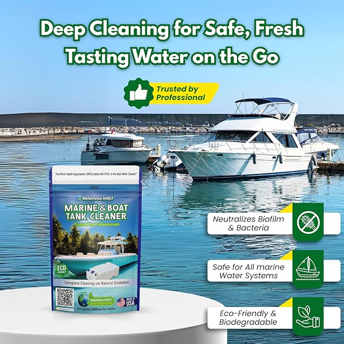 Solutions HOCL Marine & Boat Water Tank Cleaner – Eco-Friendly Powder for Black Tank Treatment Marine Water Tank Cleaning Biofilm & Odor Removal – 100G