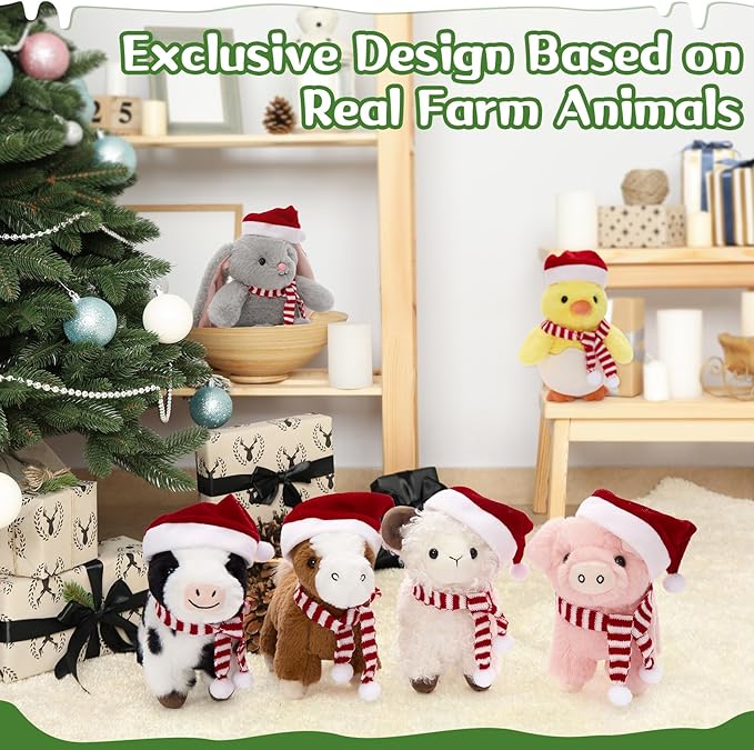 MaoGoLan 6 Pieces Plush Farm Animals with Christmas Outfits, Stuffed Horse Cow Sheep Pig Chicken Bunny Bulk Farm Animal Toys for Girls Kids Christmas Decorations Valentine's Day Easter Gifts