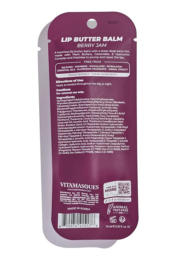 Vitamasques Lip Butter Balm - Berry Jam, Korean Lip Balm - Peptide Lip Treatment - Lips Balm Hydrating - Light Tinted Lips balm - Made in Korea - 0.33 fl.oz
