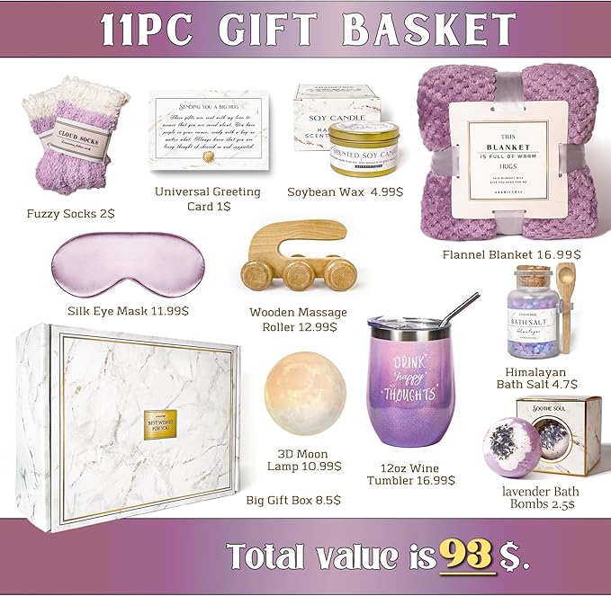 Gift Baskets for Women,11PC Birthday Gifts,Think of You,Thankyou,self Care,Care Package,Relaxation,new Beginnings Gifts for Women,Friend,mom,Sister