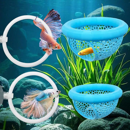 CAIJ Betta Exercise Ring & Floating Hammock Set, Aquarium Betta Fish Training and Feeding Rings, Multi-Functional Floating Resting Bed, Decorative Accessories for Small Fish Tanks Blue