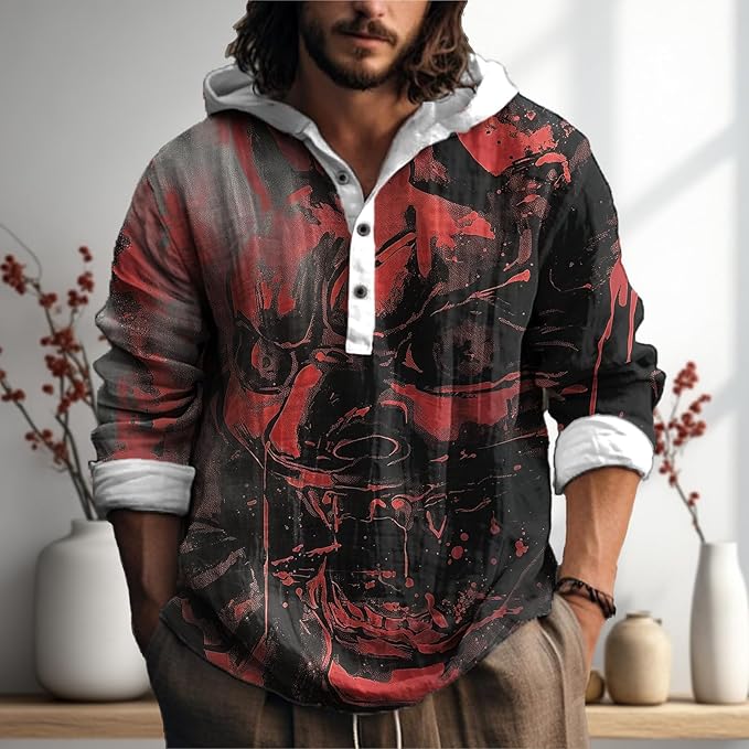 MARSVOVO Japanese Art Animal Hooded Shirt for Men Long Sleeve Quarter Button Lightweight Hoodie Cool Streetwear Tops