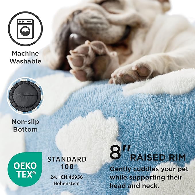 LE SURE Shown on TV Donut Dog Bed Medium Size Dog - Round Cat Beds Indoor as Christmas Bed Gift for Calming with Washable Cover, Cute Beds with Jacquard Shaggy Plush & Anti Slip Bottom, 30 Inch, Blue