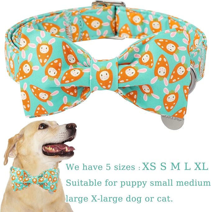 Easter Dog Collar with Bow Tie, Lovely Cotton Easter Carrot Adjustable Bowtie Collar for Girl Boy Dog, Adorable Carrots Puppy Collars with Metal Buckle,S, Neck 10-16in