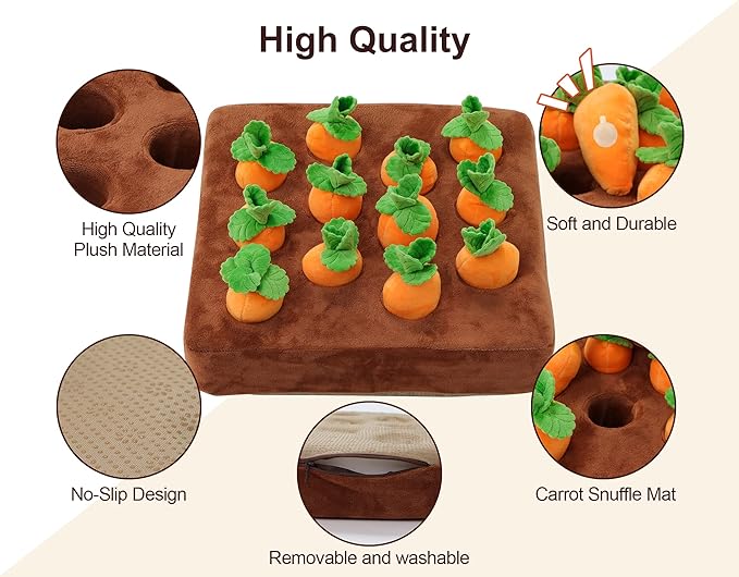 Interactive Dog Toys，Squeak Carrot Snuffle Mat for Dogs Plush Puzzle Toys 2 in 1 Non-Slip Nosework Feed Games for Pet Stress Relief with 12 Carrots…