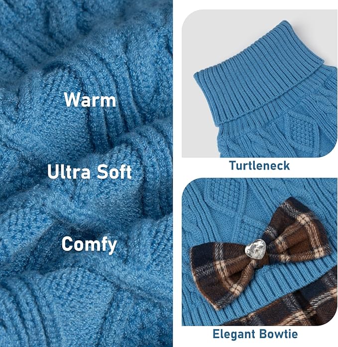 KYEESE Dog Sweater Pullover Dog Sweaters for Large Dogs Soft Turtleneck Pet Sweater Dress with Bowtie Warm Comfy Pet Coats Stretchy Knitwear Pets Sweaters Thick Dogs Clothes, Blue, XXX-Large
