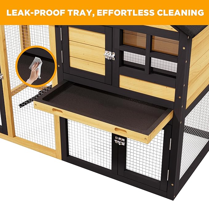 Premium Chicken Coop Bunny Cage for Outdoor Indoor, 2-Story Rabbit Hutch for Guinea Pigs, Wooden Chicken Cage with Deep Pull-Out Tray, Waterproof Poultry Hutch for Outside (Yellow Black)