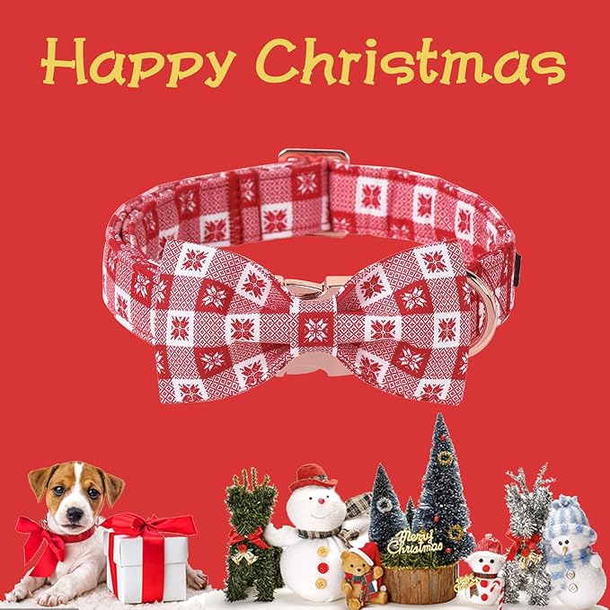 Unique Style Paws Christmas Day Dog Collar with Bow Christmas Red Papercut Cotton Puppy Collars for Small Medium Large Dogs