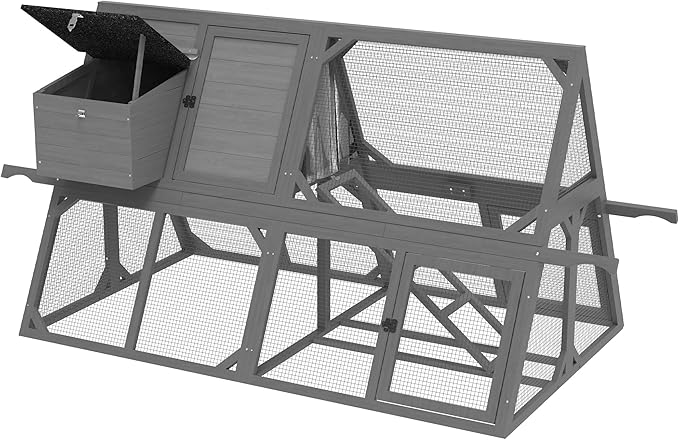 Chicken Coop for 4-8 Chickens, A-Frame Wooden Chicken Run, 95'' Outdoor Poultry Cage w/ 2 Nesting Box, Hen House w/Ventilating Wire, Waterproof Asphalt Roof, Gray