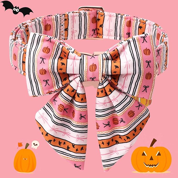 DOGWONG Cotton Fall Dog Collar, Pink Halloween Dog Collar with Bow Cute Pink Pumpkin Dog Collars Puppy Necklace for Female Small Medium Large Dogs