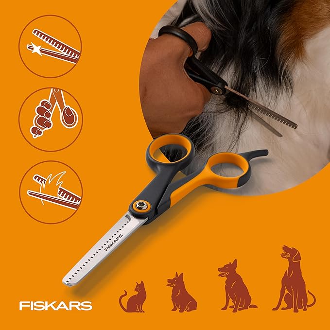 Fiskars Pet Scissors, Dog and Cat Grooming Scissors, Serrated Teeth for Thinning & SoftGrip Handle, Cat and Dog Supplies, 6.5”, Orange/Black, Blending Scissors