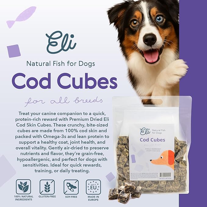 Eli Cod Skin Cubes – A Natural, Bite-Sized Fish Treat for Dogs, High in Protein and Omega-3, Ideal for Quick Rewards or Meal Toppers, Single Ingredient, Grain Free, Gluten Free, Air Dried – 2 Lbs