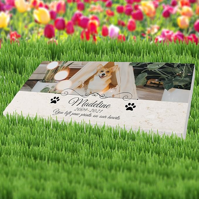 Custom Dog Memorial Stone, Personalized Pet Headstones for Dogs, Outdoor Pet Grave Markers with Photo Print and Text, Loss of Pet Sympathy Gift, 12”x6”x1.25" Pet Grave Stone (C. Madeline Design)