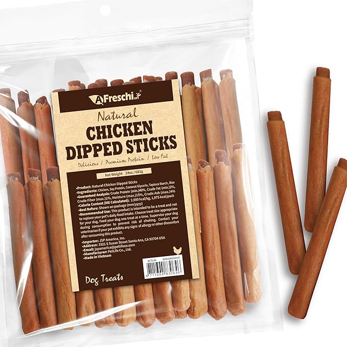 Afreschi Chicken Dog Treats, All Natural, Healthy & Easily Digestible, Grain-Free Puppy Chews, Low-Fat, Human Grade Training & Rewards Dog Snacks, Dipped Sticks, 24 oz Pack