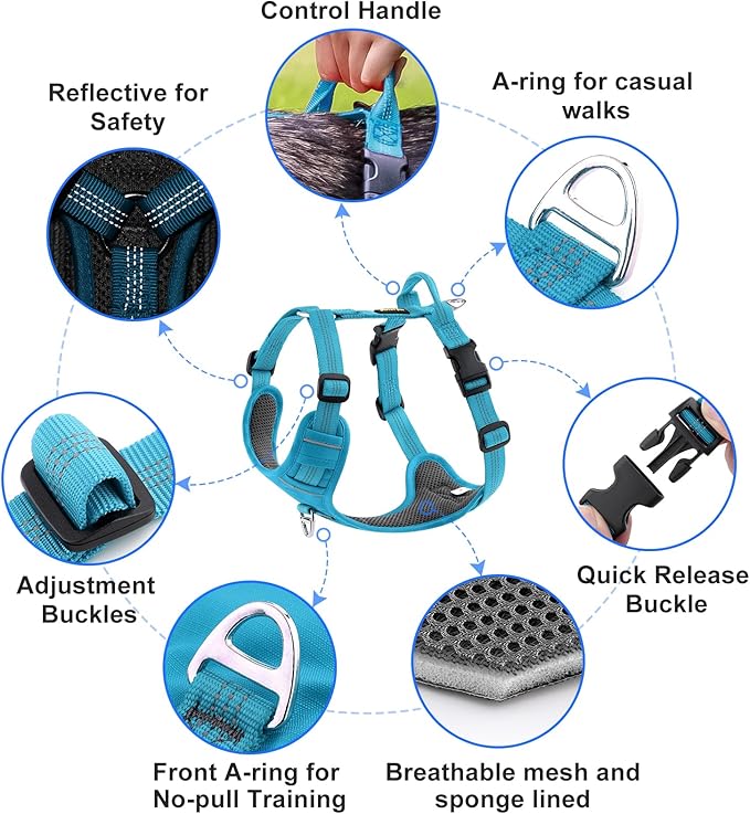 Plutus Pet No Pull Dog Harness, Reflective Adjustable Dog Vest Harness with Handle, Escape Proof, Soft Padded for Small Medium Large Dogs (Light Blue, XS)