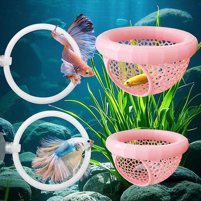 CAIJ Betta Exercise Ring & Floating Hammock Set, Aquarium Betta Fish Training and Feeding Rings, Multi-Functional Floating Resting Bed, Decorative Accessories for Small Fish Tanks Pink