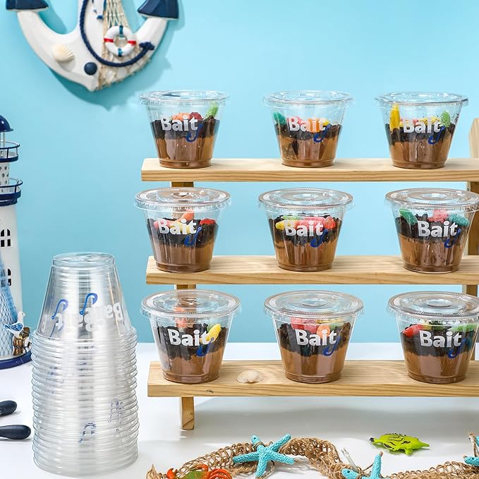 100 Pcs Fishing Party Favors 8/9 oz Bait Cups with Lids Disposable Bulk Plastic Bait Cups for Water Wine Coffee Cake Fishing Birthday Baby Shower Favors Decor (Clear,9 oz)