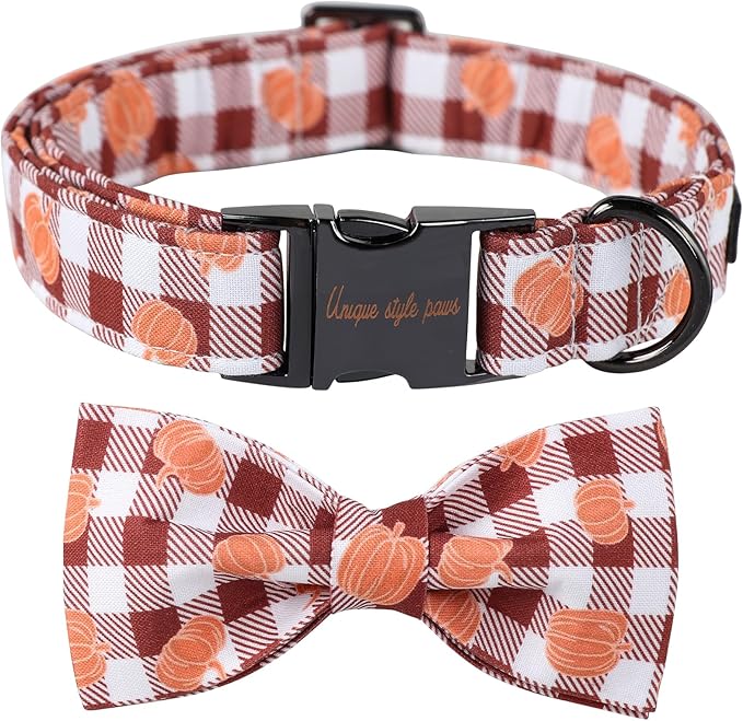 Unique Style Paws Cotton Dog Collar with Bow Halloween Pumpkin Plaid Dog Collar with Bow Tie for Small Medium Large Dogs Pets Gifts