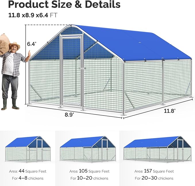 Large Metal Chicken Coop Run with Heavy-Duty Hardware Cloth for 20 Chickens/Ducks, Chicken Runs for Yard with Waterproof Cover, Chicken Enclosure Pen Outdoor, Walk-in Poultry Cage